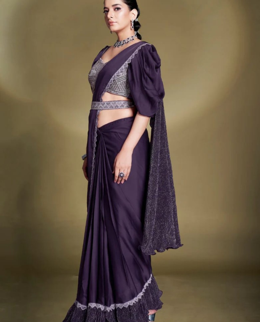 PURPLE - Party Wear Pre Stitched Purple Satin Silk Saree With Designer Blouse