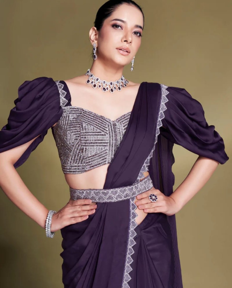 PURPLE - Party Wear Pre Stitched Purple Satin Silk Saree With Designer Blouse