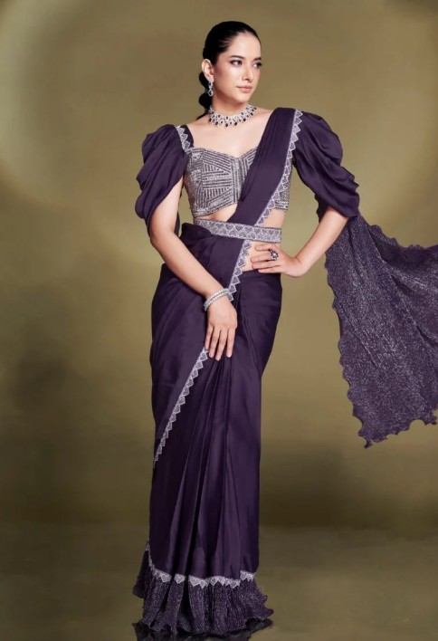 Party Wear Pre Stitched Purple Satin Silk Saree With Designer Blouse