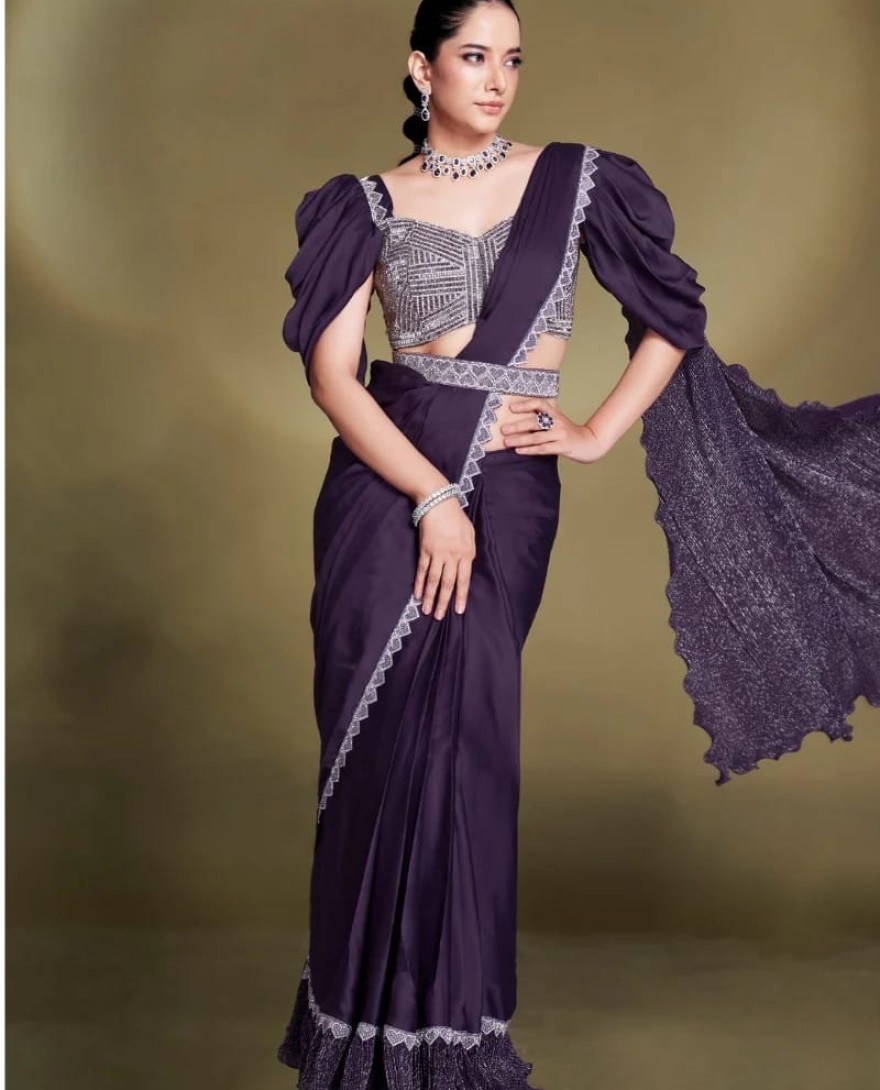 PURPLE - Party Wear Pre Stitched Purple Satin Silk Saree With Designer Blouse
