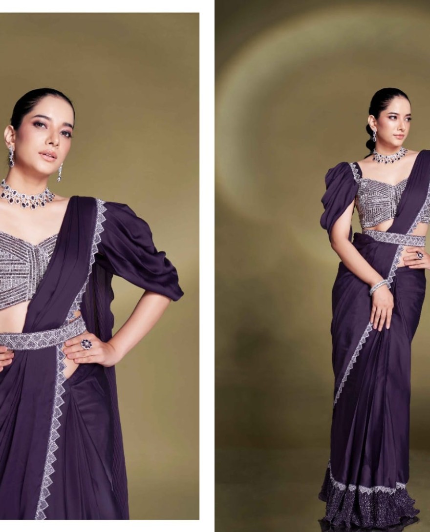 PURPLE - Party Wear Pre Stitched Purple Satin Silk Saree With Designer Blouse