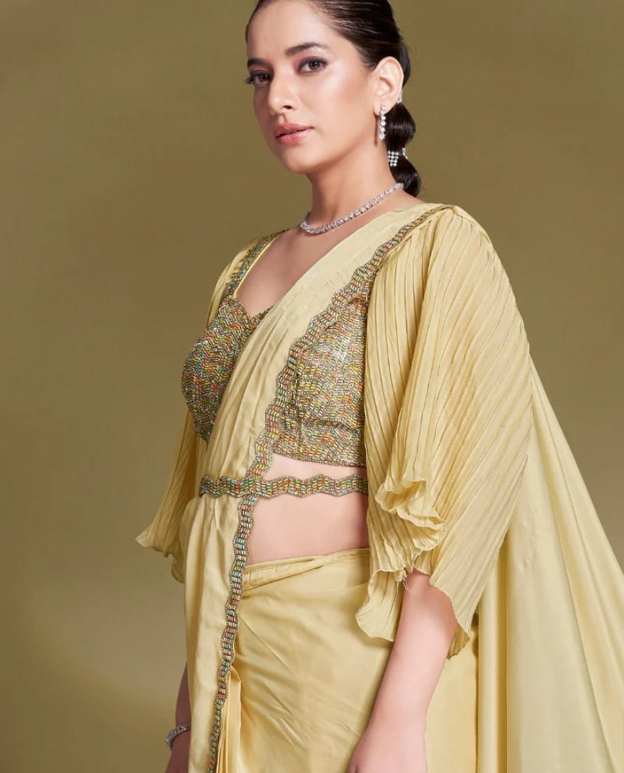 YELLOW - Ready To Wear Satin Silk Bright Yellow Saree With Designer Blouse For Indian Festival And Pakistani Wedding