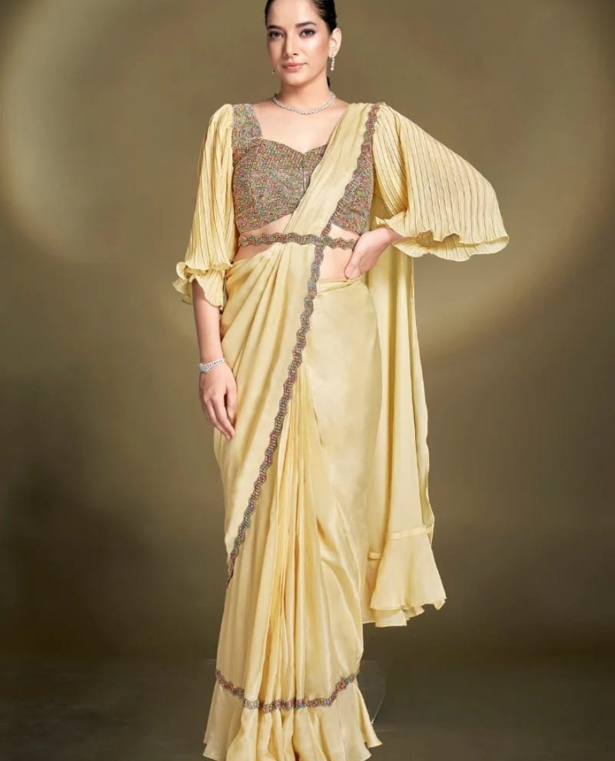 YELLOW - Ready To Wear Satin Silk Bright Yellow Saree With Designer Blouse For Indian Festival And Pakistani Wedding