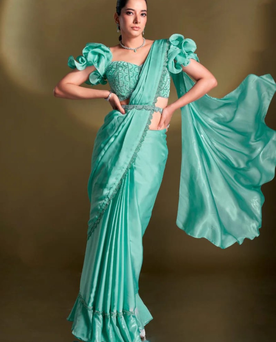 BLUE - Party Wear Pre Stitched Mint Green Satin Silk Saree With Designer Blouse