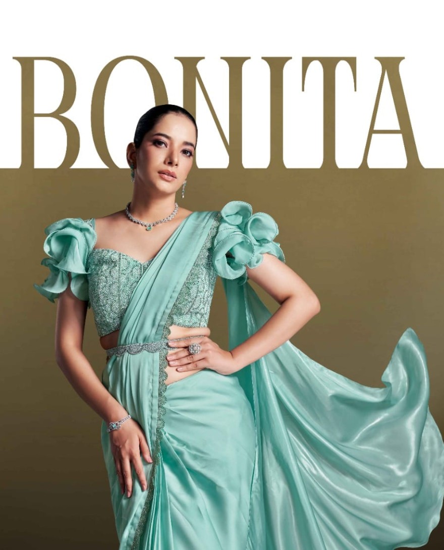 BLUE - Party Wear Pre Stitched Mint Green Satin Silk Saree With Designer Blouse