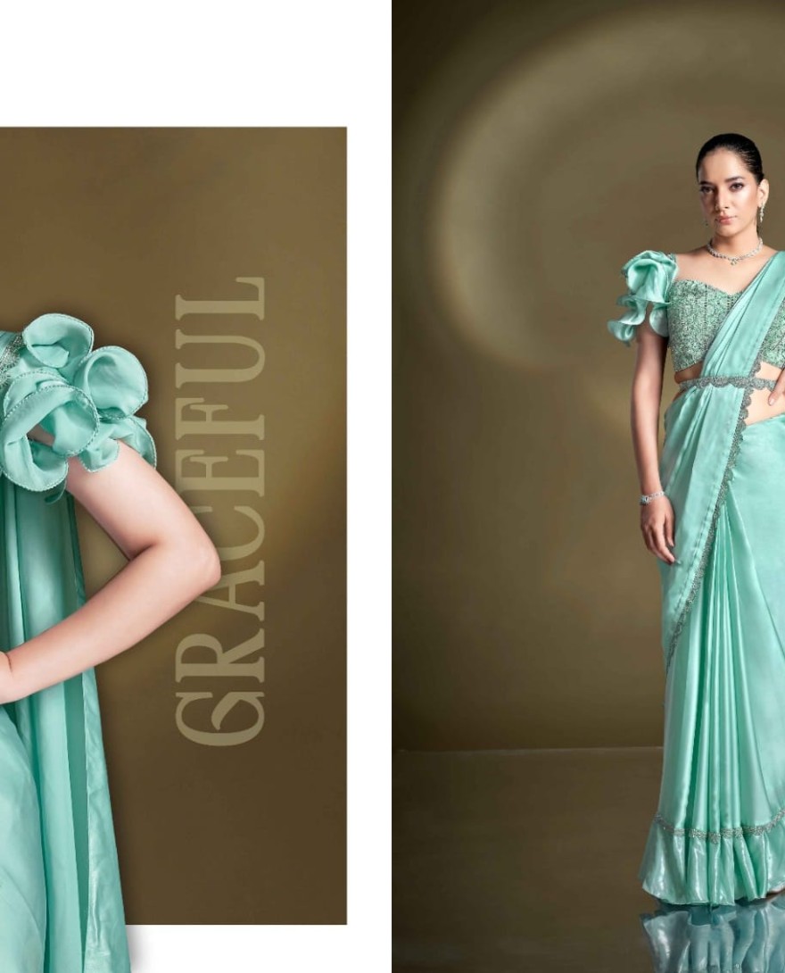 BLUE - Party Wear Pre Stitched Mint Green Satin Silk Saree With Designer Blouse