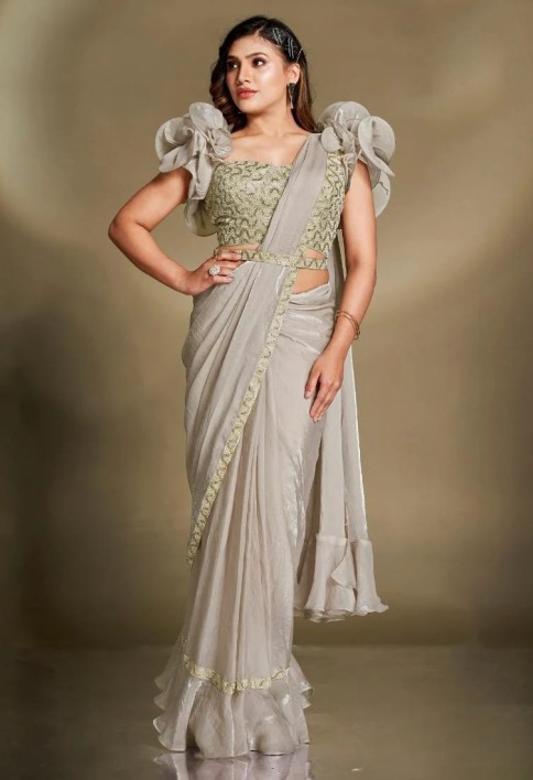 Party Wear Pre Stitched Grey Satin Silk Saree With Designer Blouse