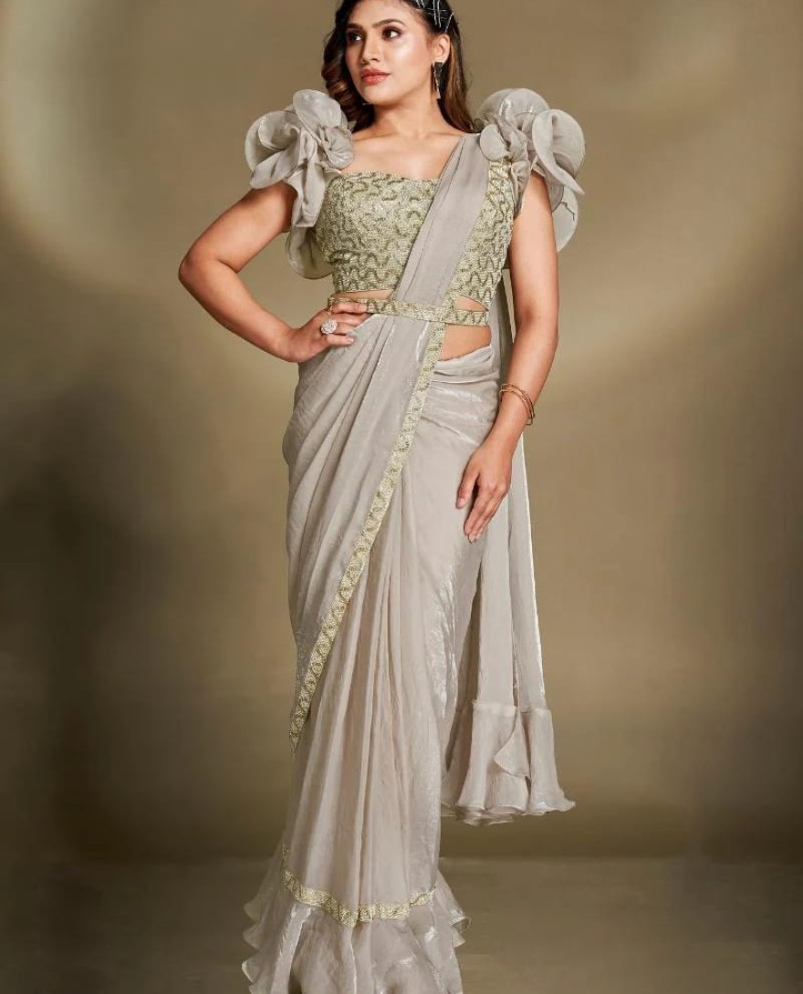 GREY - Party Wear Pre Stitched Grey Satin Silk Saree With Designer Blouse