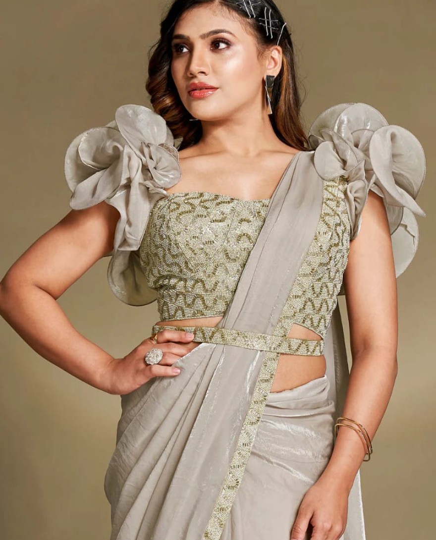 GREY - Party Wear Pre Stitched Grey Satin Silk Saree With Designer Blouse