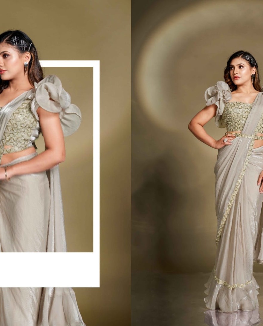 GREY - Party Wear Pre Stitched Grey Satin Silk Saree With Designer Blouse