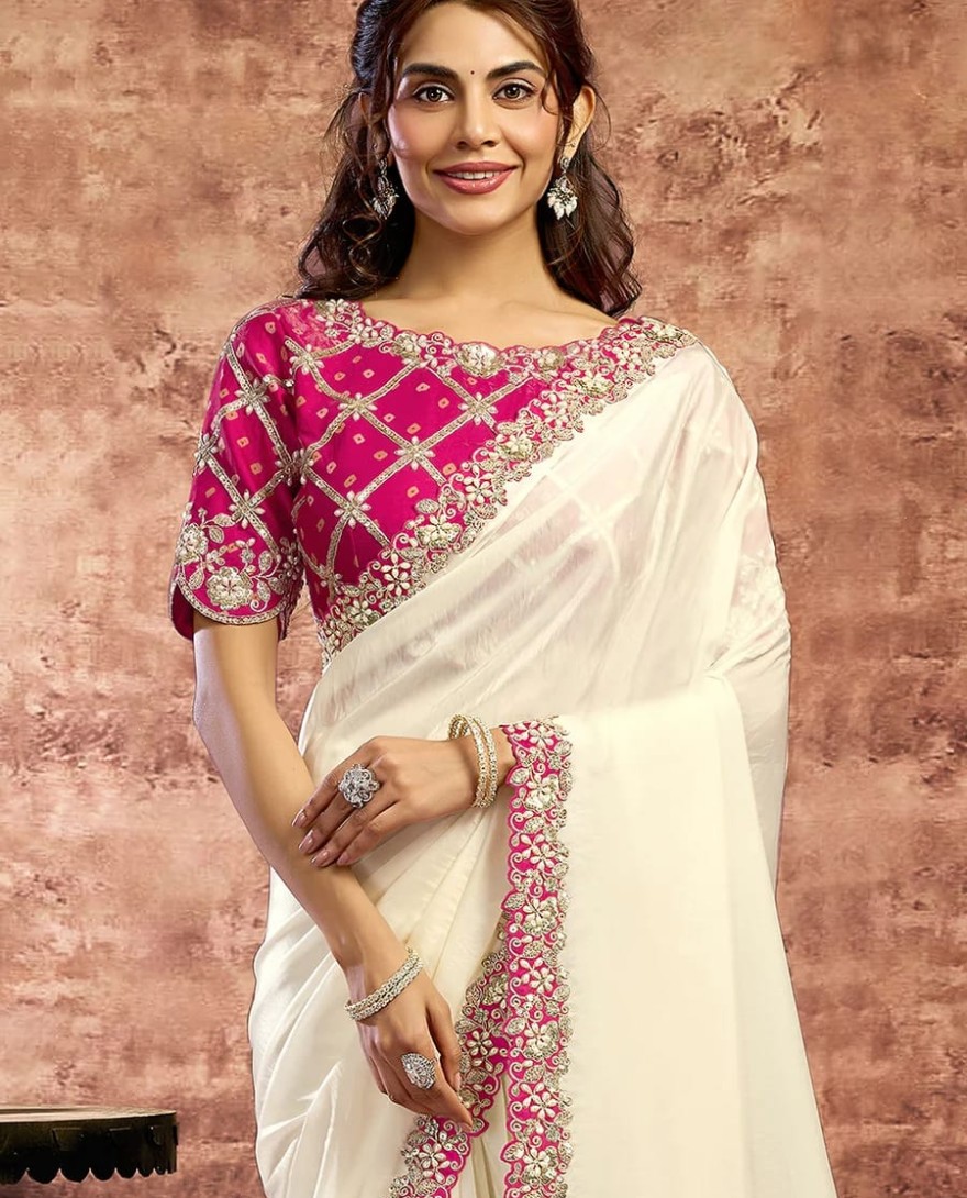 PINK - Designer White Embroidered Wedding Style Saree