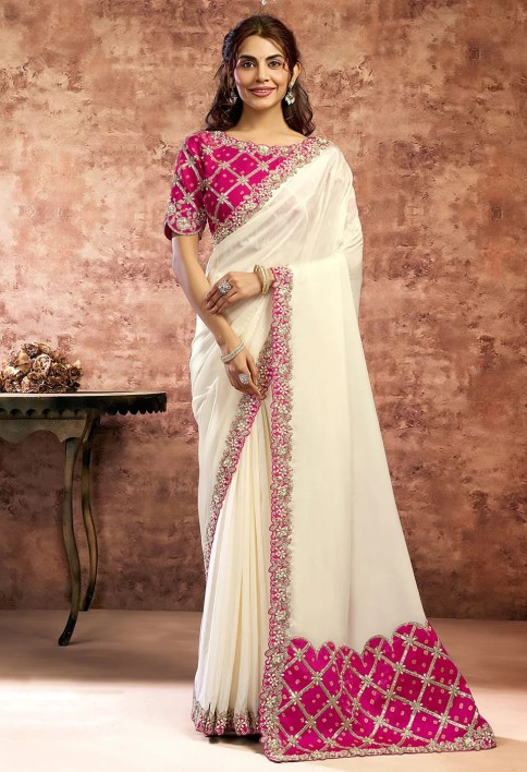 Designer White Embroidered Wedding Style Saree