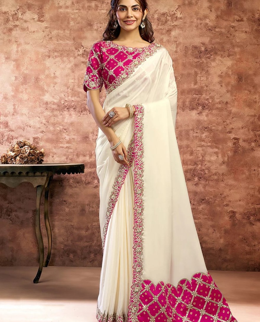 PINK - Designer White Embroidered Wedding Style Saree
