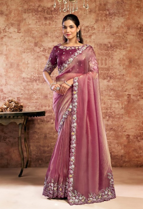 Designer Wine Embroidered Wedding Style Saree