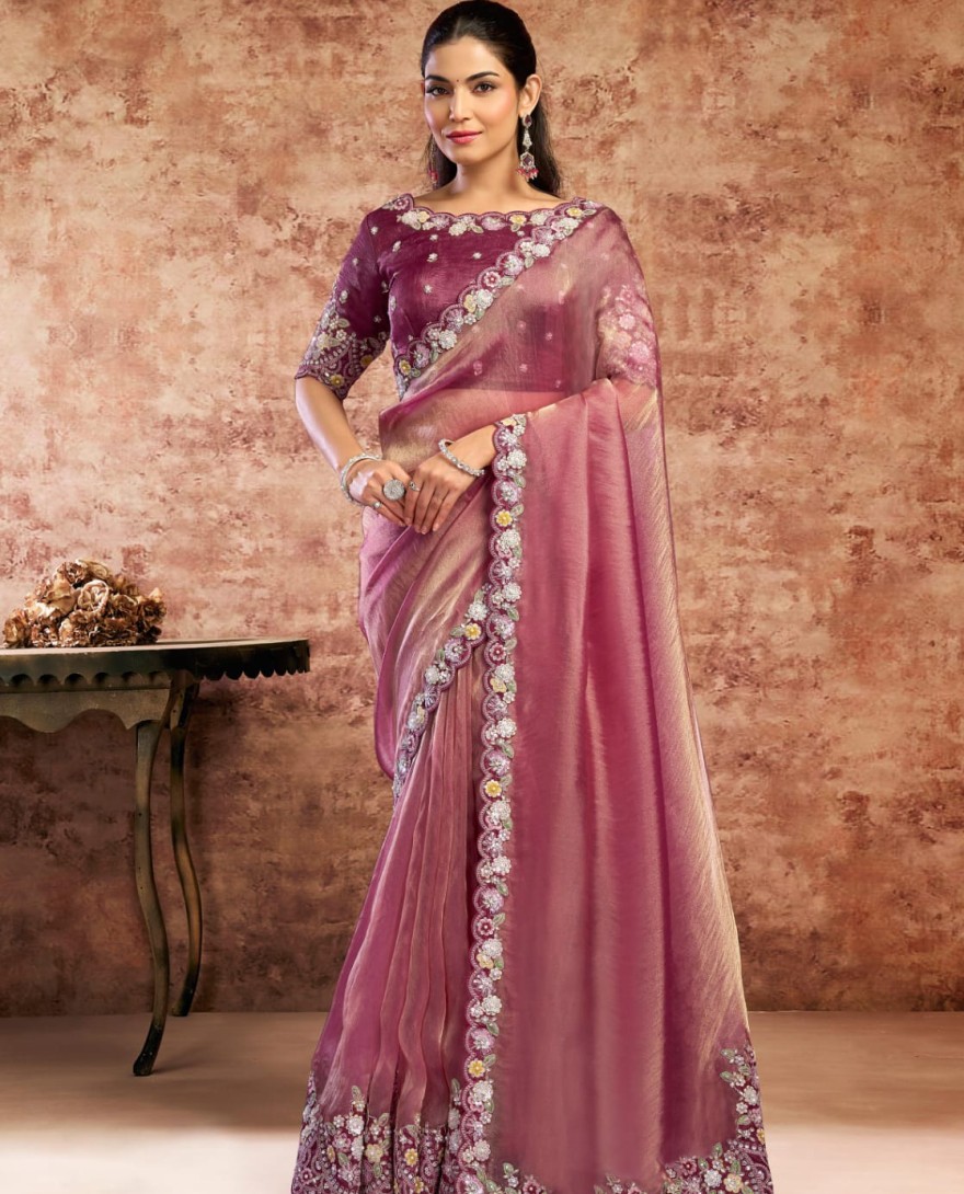 WINE - Designer Wine Embroidered Wedding Style Saree