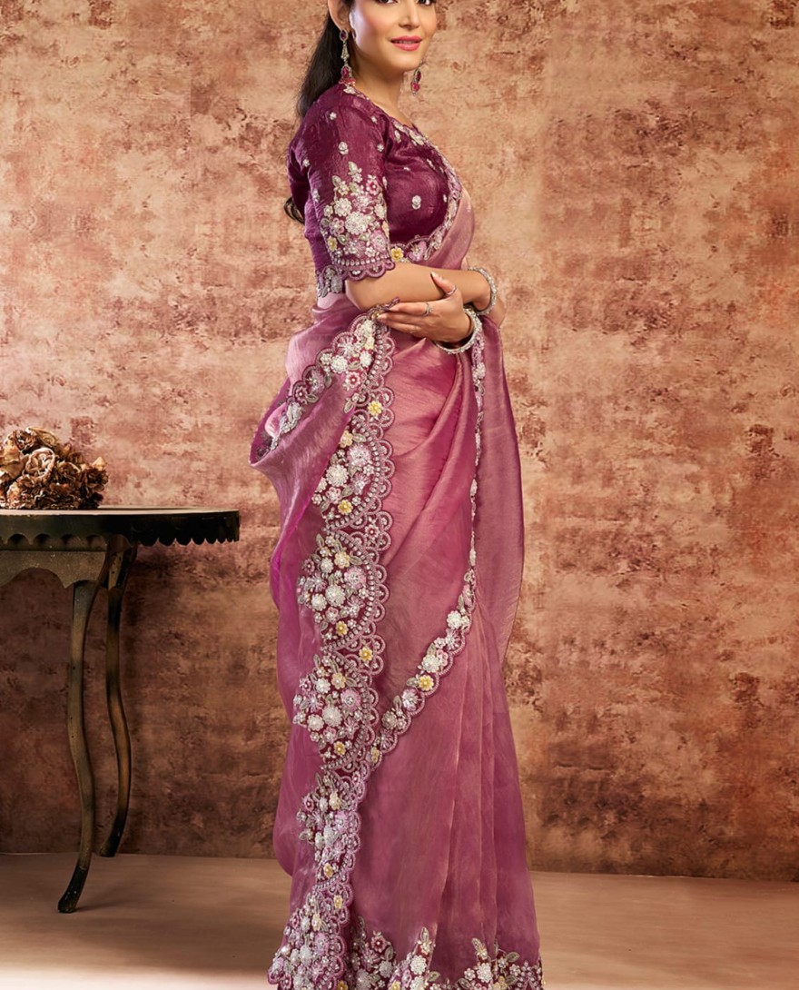 WINE - Designer Wine Embroidered Wedding Style Saree