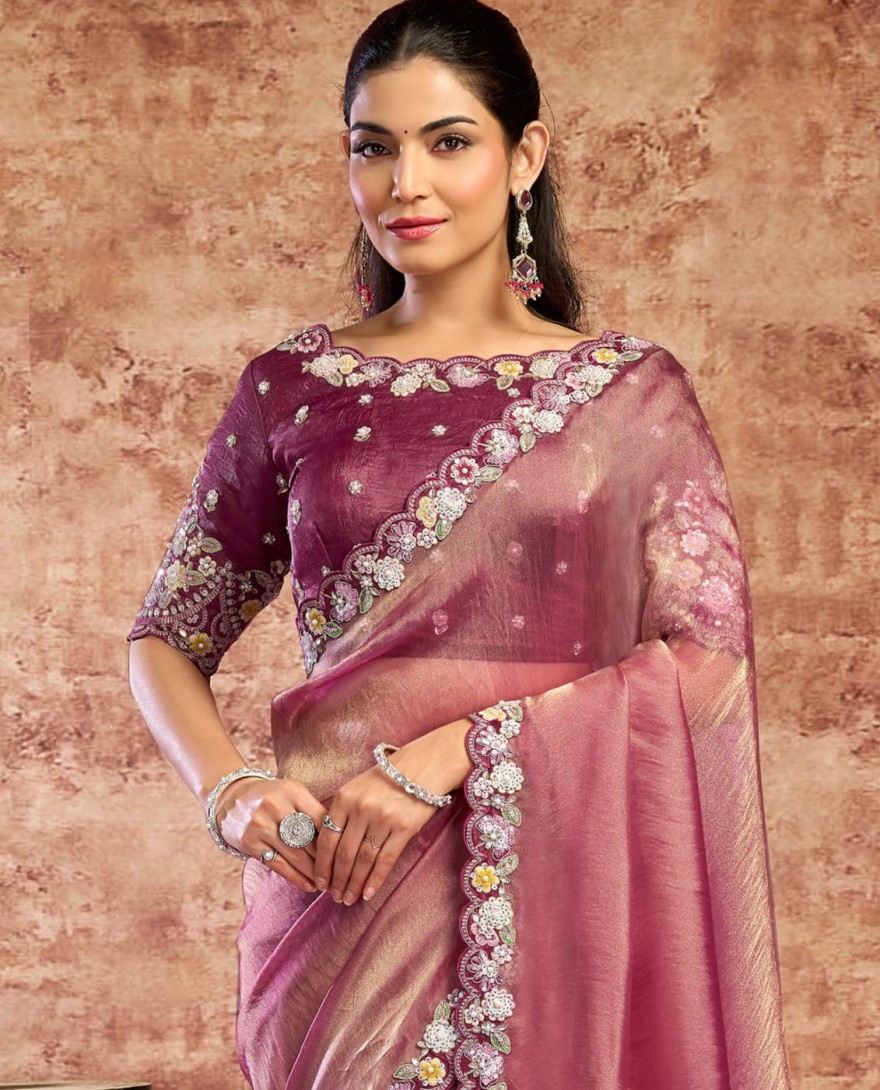 WINE - Designer Wine Embroidered Wedding Style Saree