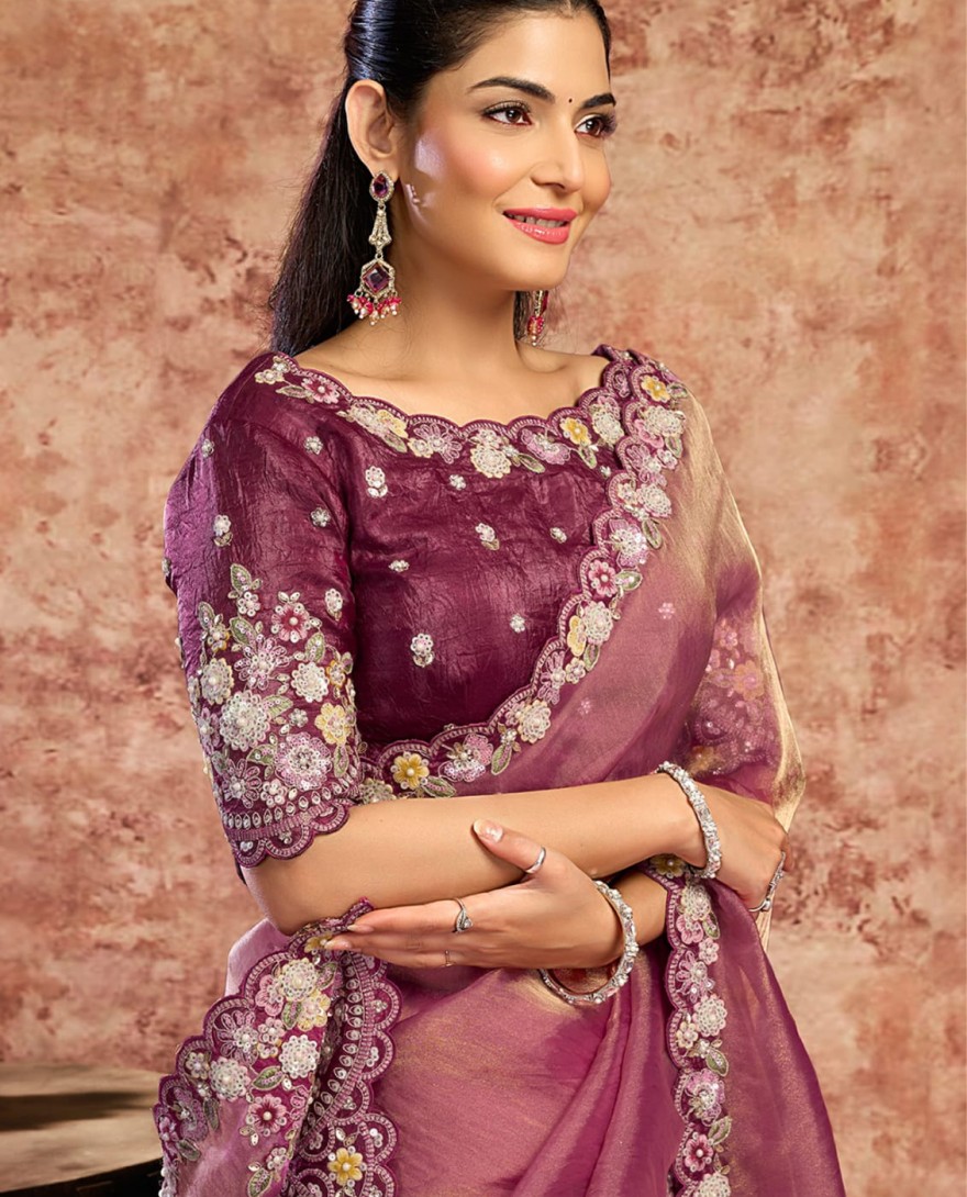 WINE - Designer Wine Embroidered Wedding Style Saree