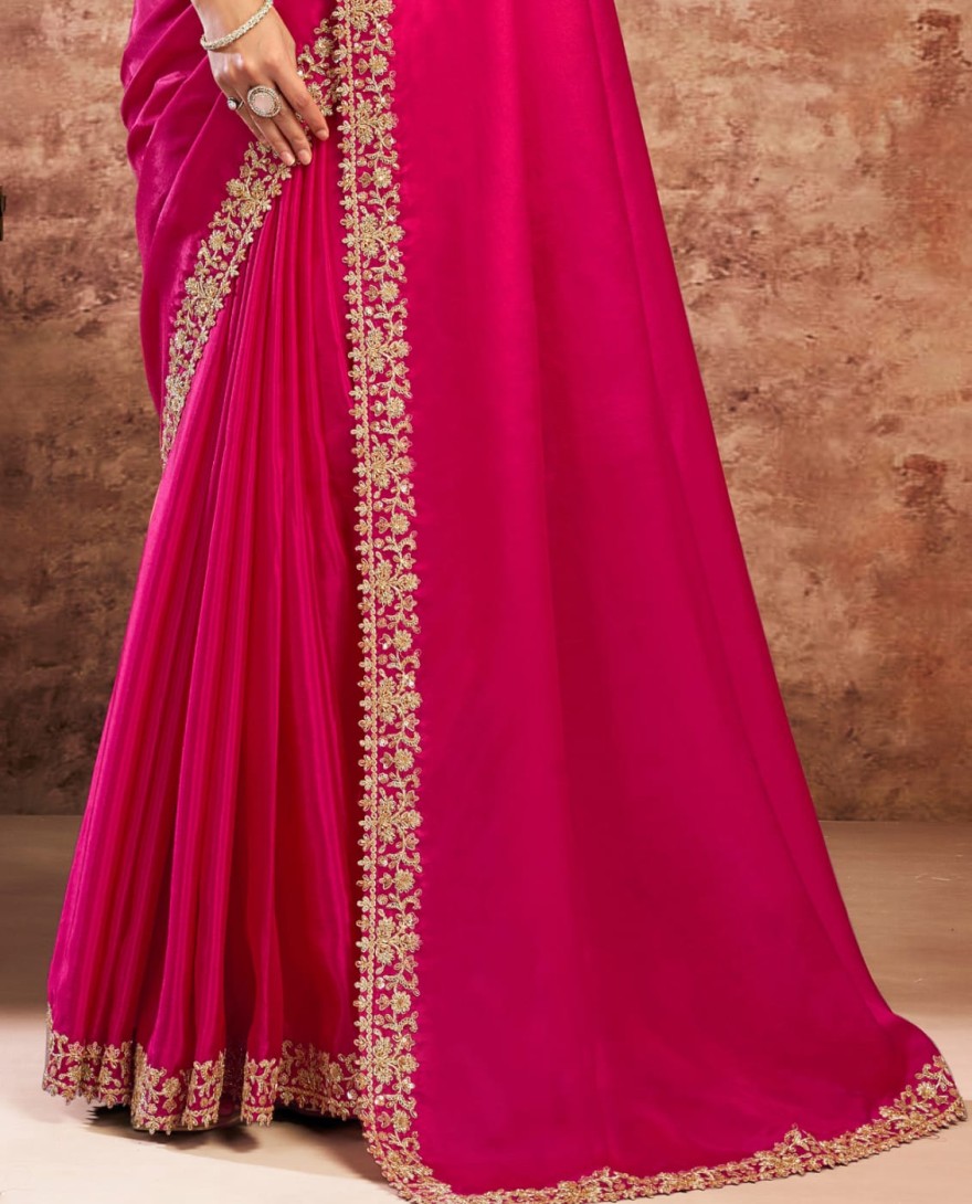 PINK - Designer Rani Embroidered Wedding Style Saree