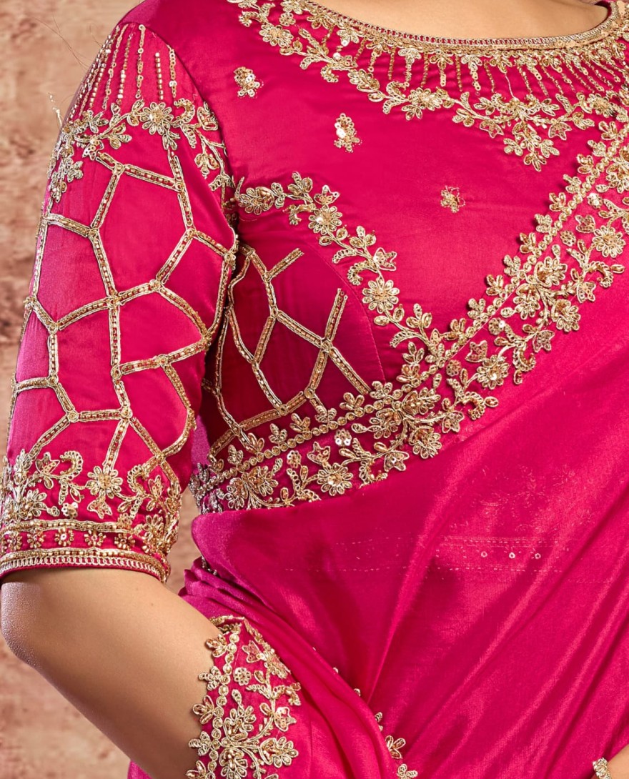 PINK - Designer Rani Embroidered Wedding Style Saree