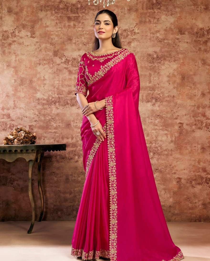 PINK - Designer Rani Embroidered Wedding Style Saree