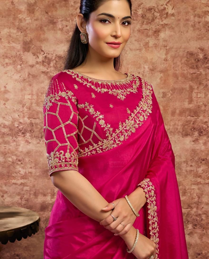 PINK - Designer Rani Embroidered Wedding Style Saree