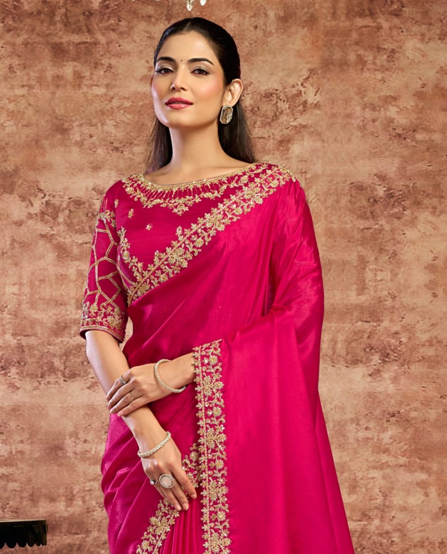 PINK - Designer Rani Embroidered Wedding Style Saree