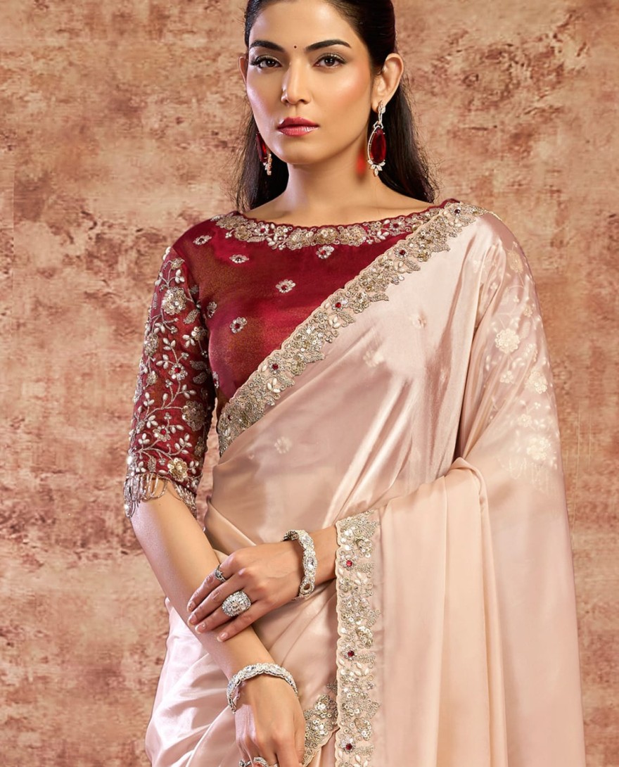PEACH - Designer Peach Embroidered Wedding Style Saree