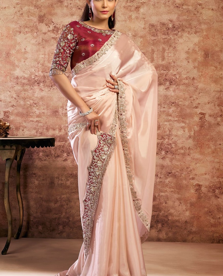 PEACH - Designer Peach Embroidered Wedding Style Saree