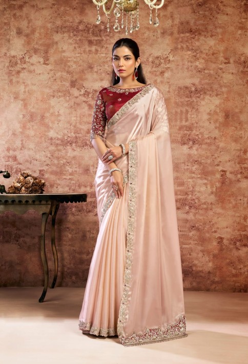 Designer Peach Embroidered Wedding Style Saree