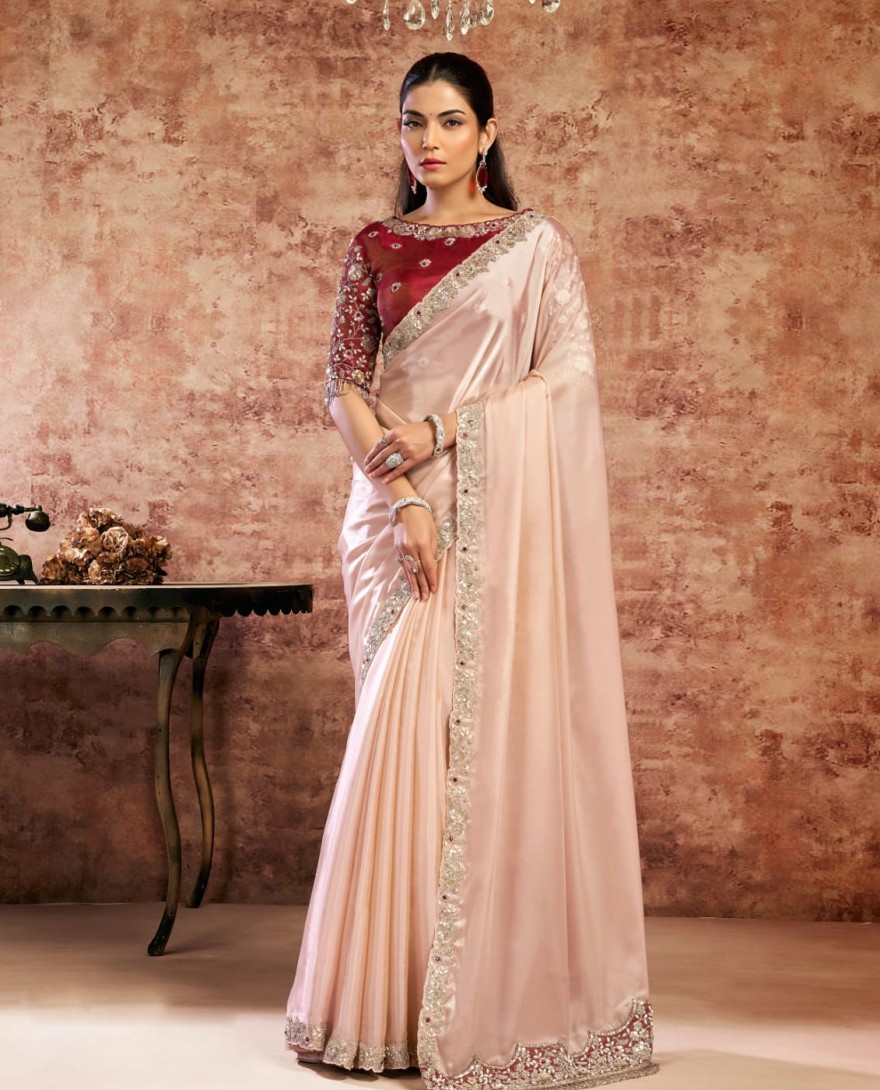 PEACH - Designer Peach Embroidered Wedding Style Saree