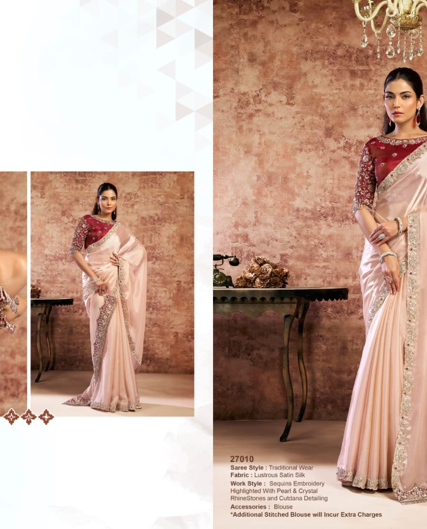 PEACH - Designer Peach Embroidered Wedding Style Saree