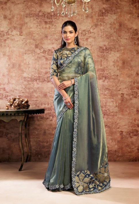 Designer Grey Embroidered Wedding Style Saree