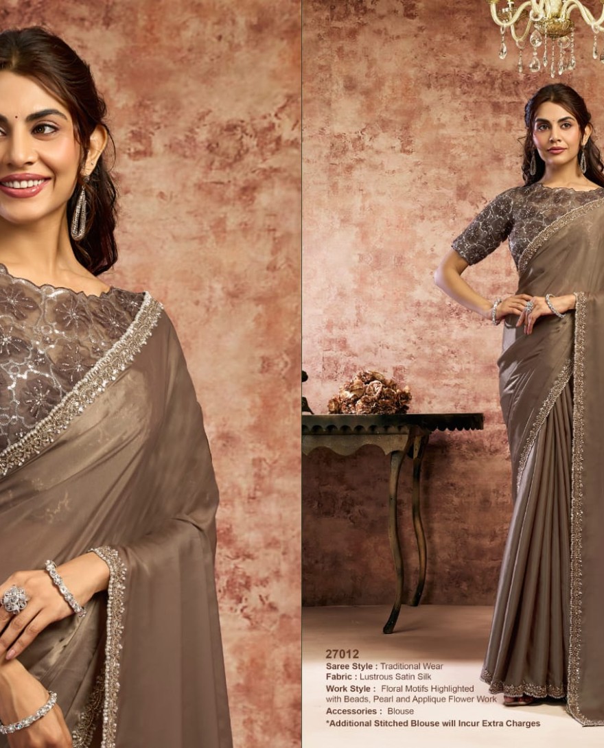 BROWN - Designer Brown Embroidered Wedding Style Saree