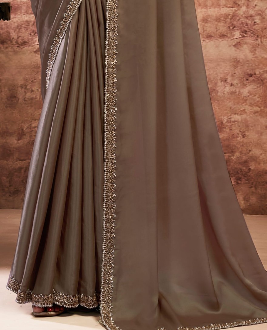 BROWN - Designer Brown Embroidered Wedding Style Saree