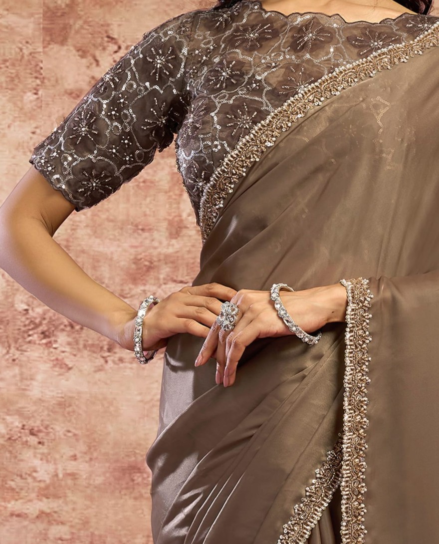BROWN - Designer Brown Embroidered Wedding Style Saree