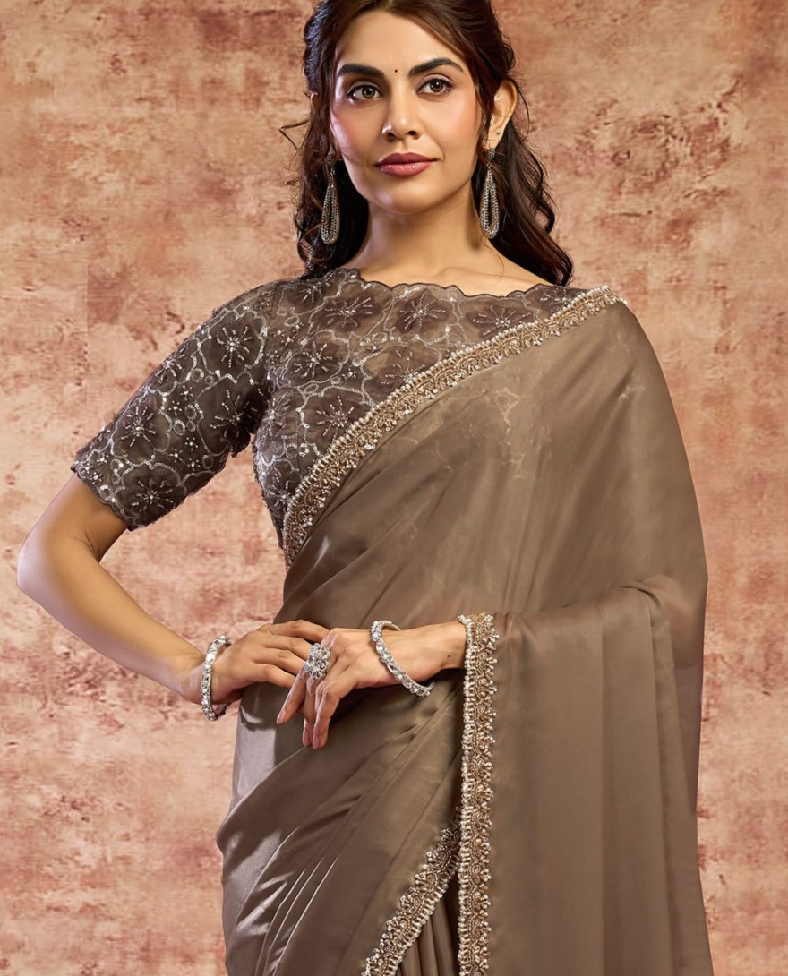 BROWN - Designer Brown Embroidered Wedding Style Saree