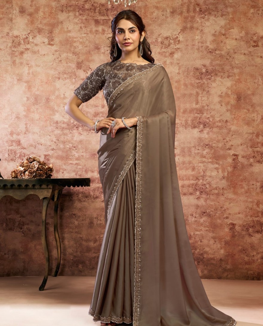 BROWN - Designer Brown Embroidered Wedding Style Saree