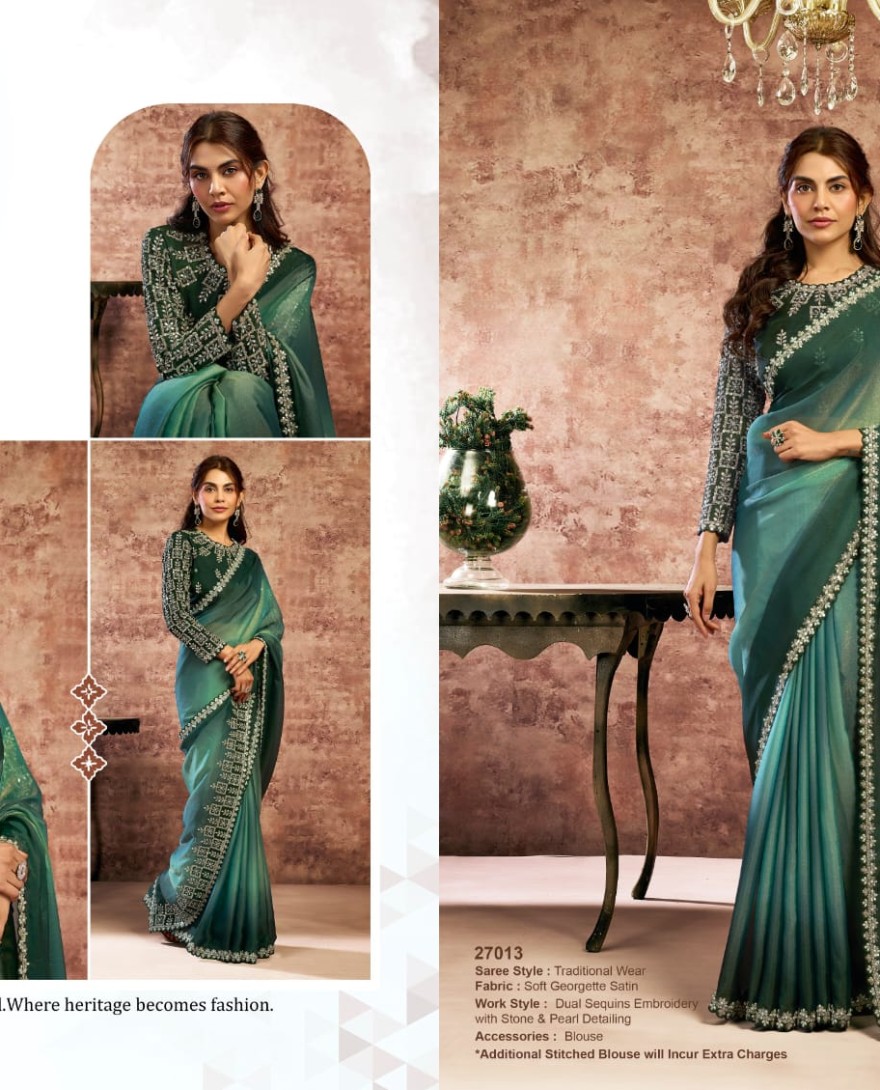 GREEN - Designer Green Embroidered Wedding Style Saree