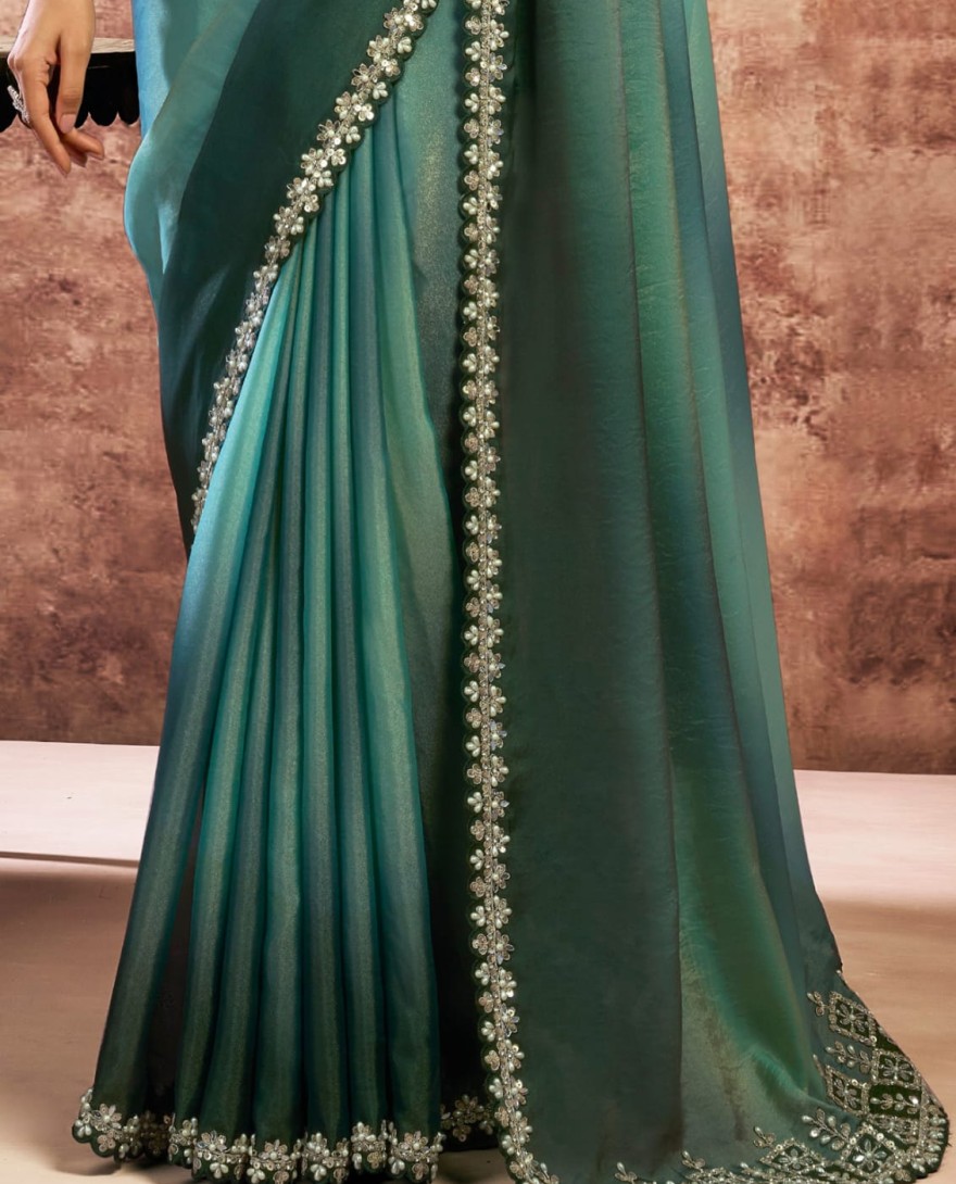 GREEN - Designer Green Embroidered Wedding Style Saree