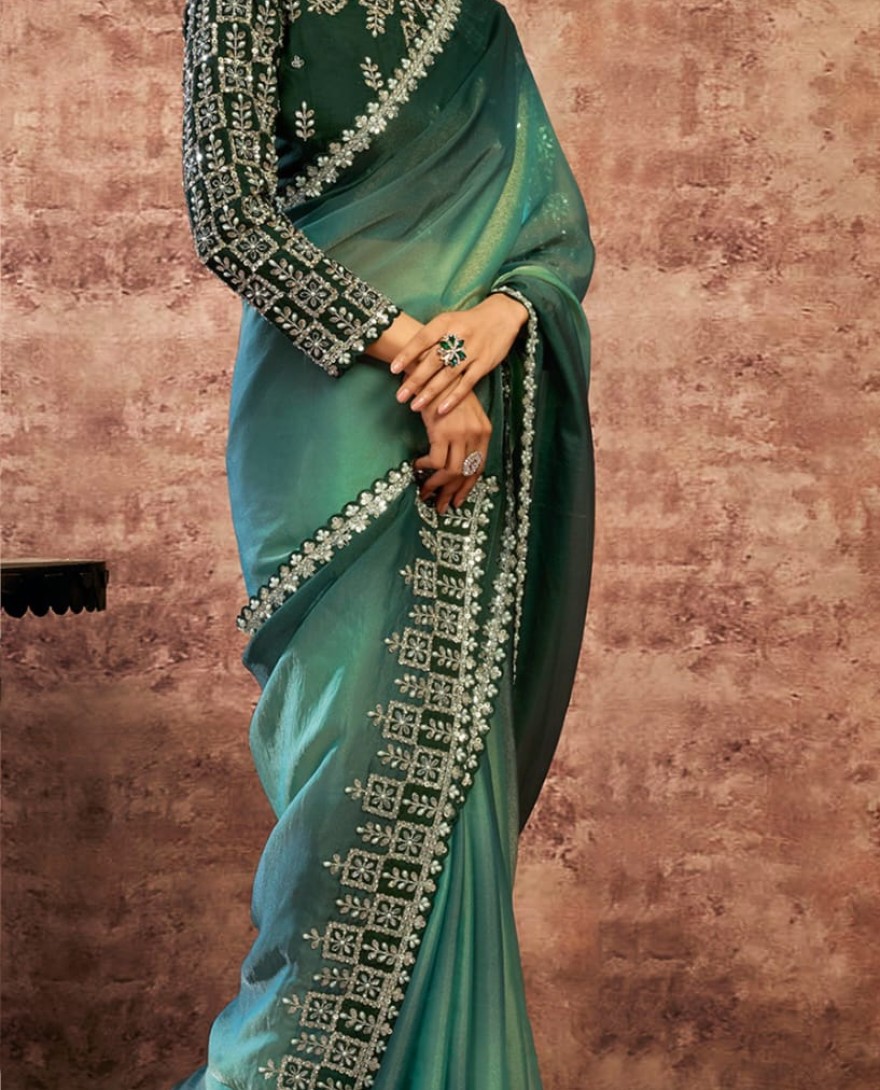 GREEN - Designer Green Embroidered Wedding Style Saree