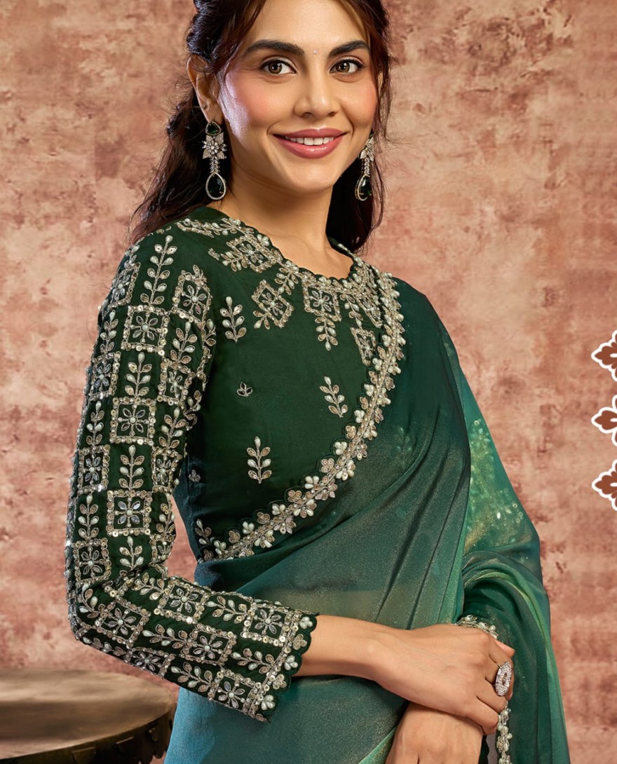 GREEN - Designer Green Embroidered Wedding Style Saree