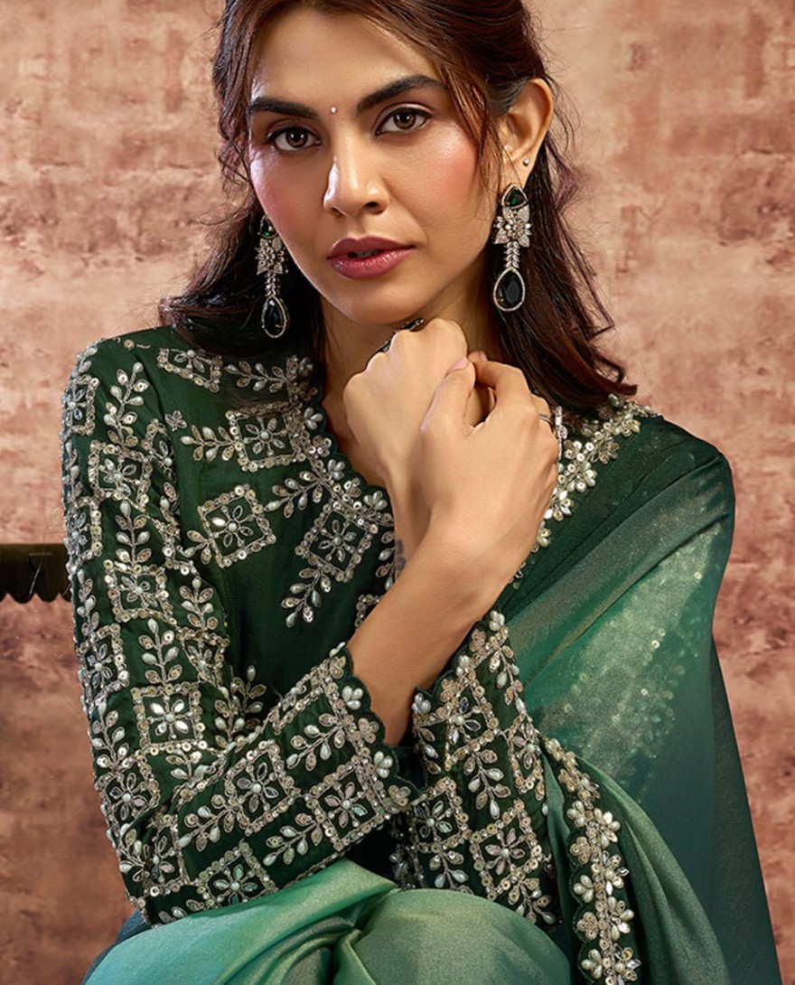 GREEN - Designer Green Embroidered Wedding Style Saree