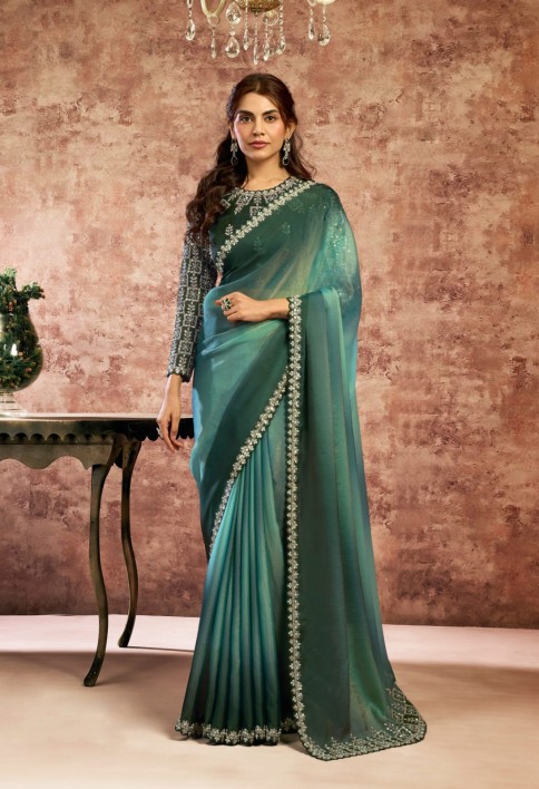 Designer Green Embroidered Wedding Style Saree