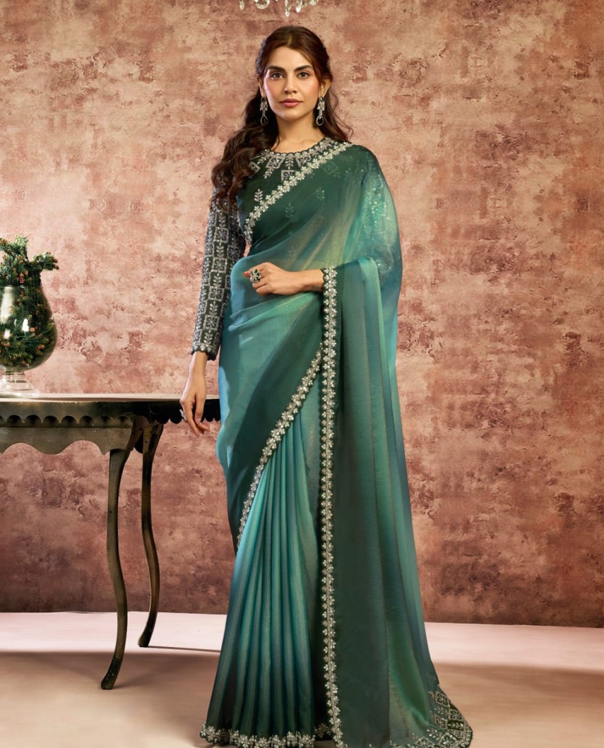 GREEN - Designer Green Embroidered Wedding Style Saree