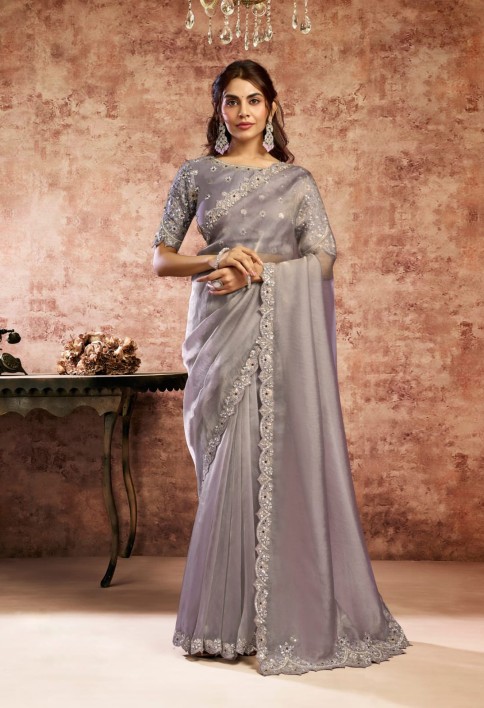 Designer Lilac Embroidered Wedding Style Saree