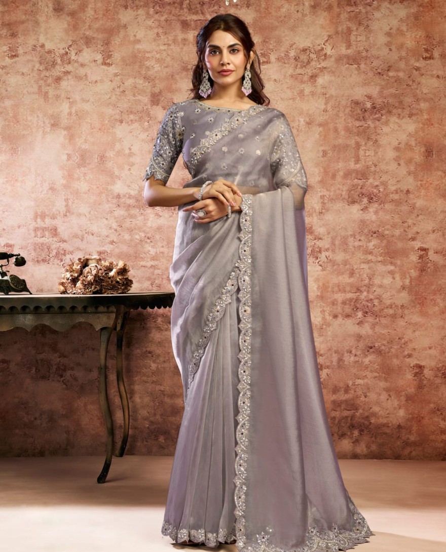 LILAC - Designer Lilac Embroidered Wedding Style Saree