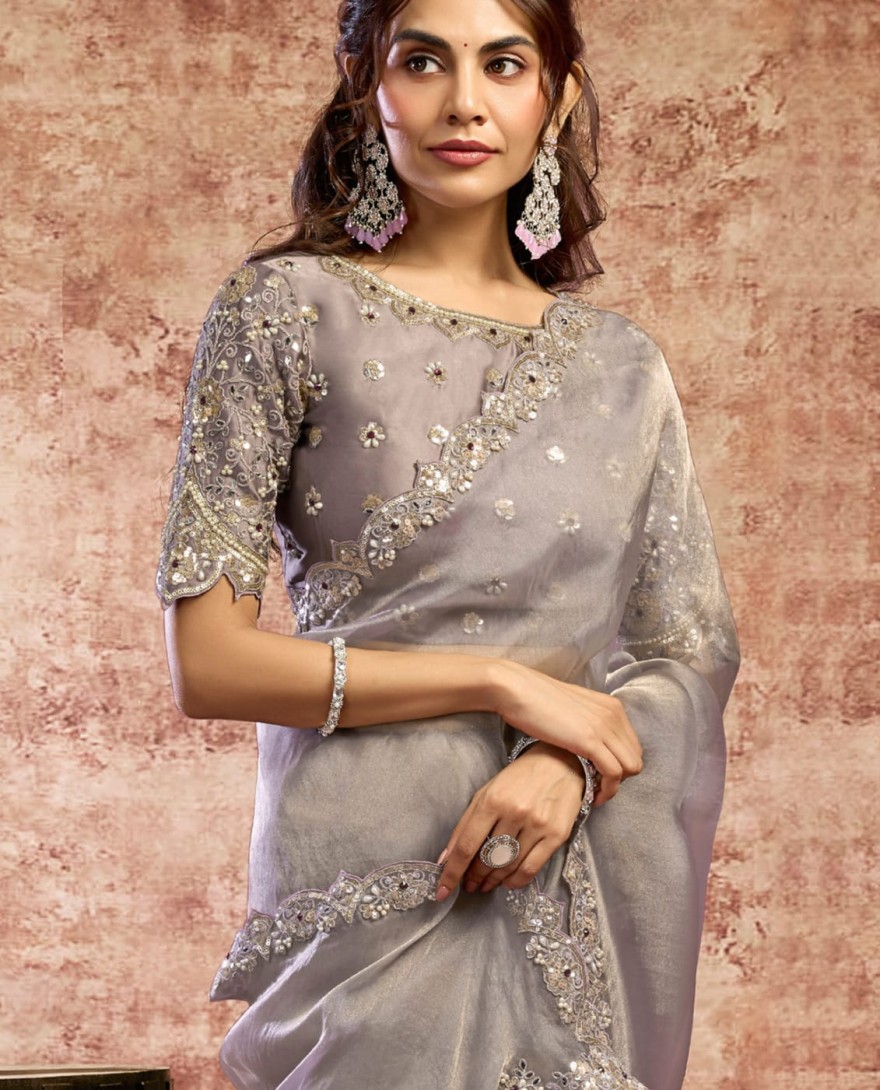 LILAC - Designer Lilac Embroidered Wedding Style Saree