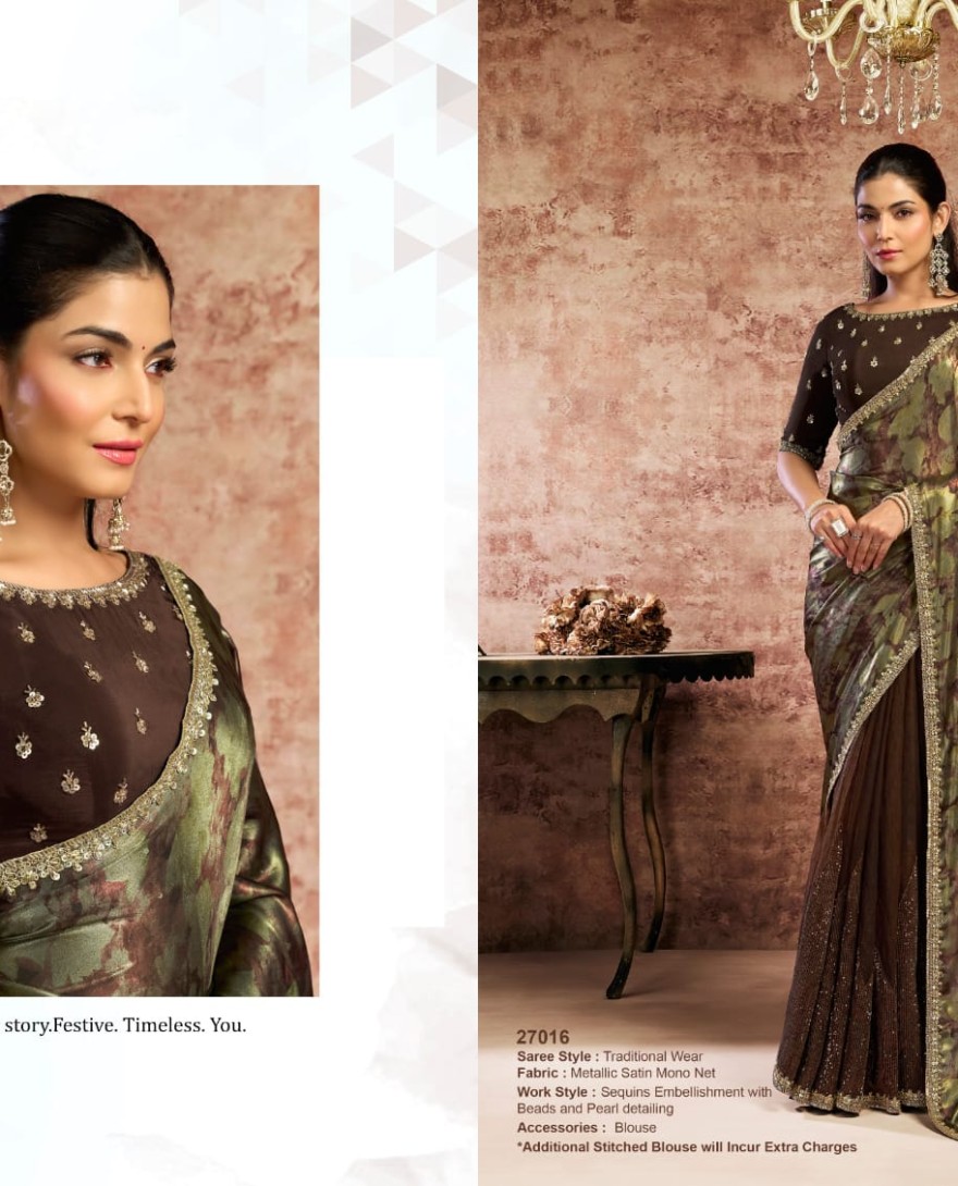 27016 - Designer Brown Embroidered Wedding Style Saree
