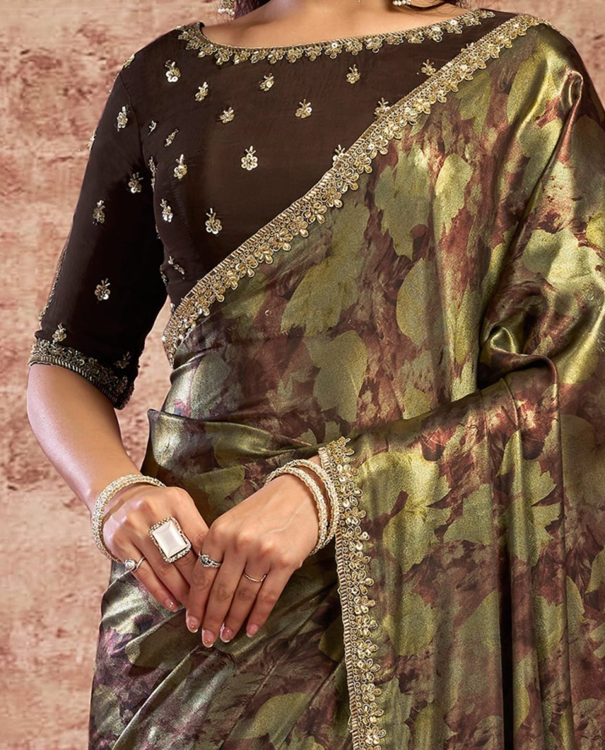 27016 - Designer Brown Embroidered Wedding Style Saree